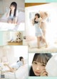 A collage of photos of a girl holding a teddy bear.